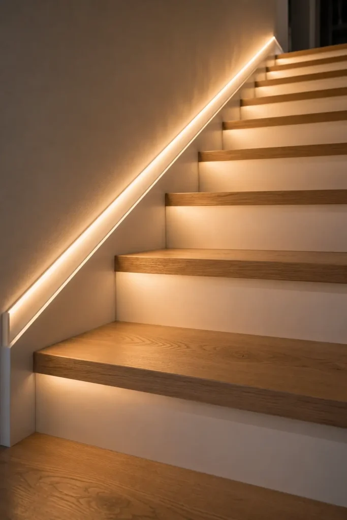 LED Strip Lighting Along Staircase Baseboards