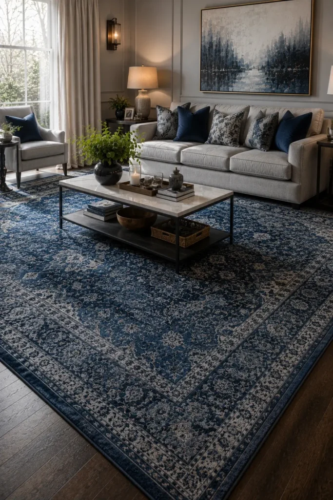 Blue Area Rug Ideas for Grey Living Rooms