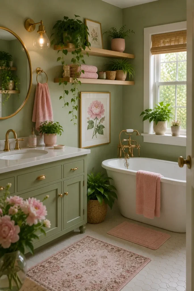 Green Bathroom Decor with Pink Accents