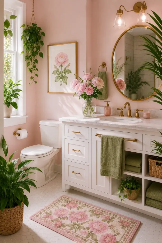 Pink Bathroom Decor with Green Accents