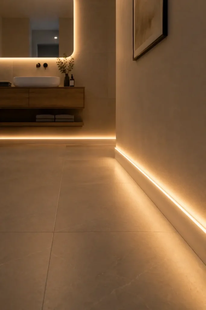 LED Baseboard Lighting Around Bathroom Walls