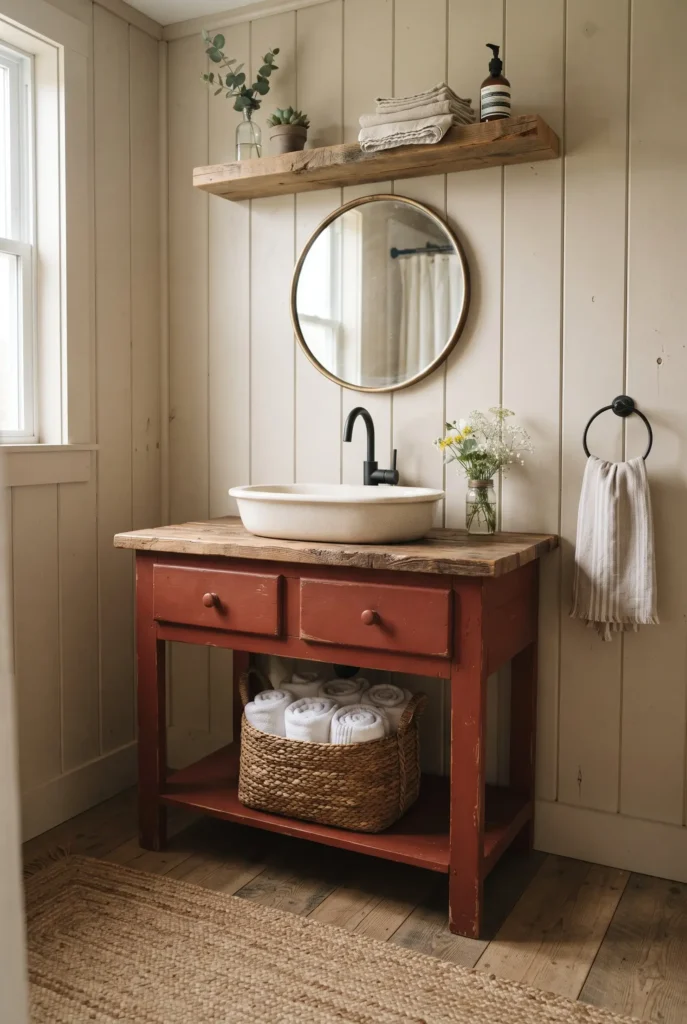 Rustic Beige and Barn Red Bathroom