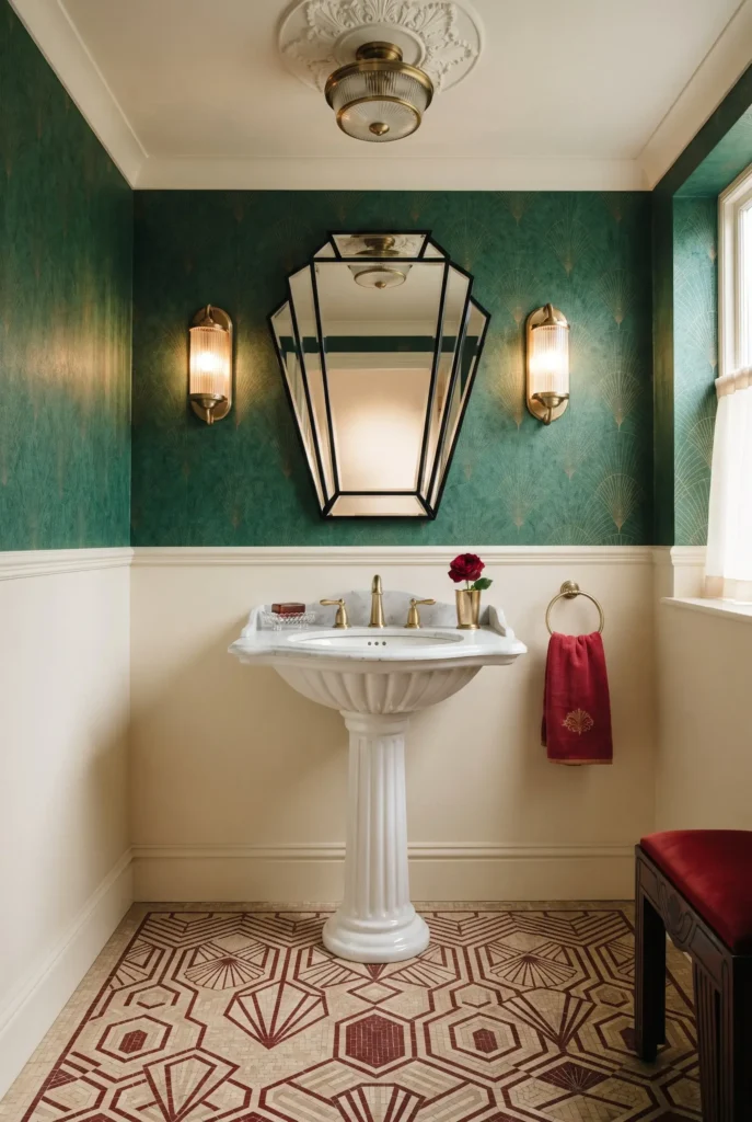 Beige and Red Art Deco Bathroom