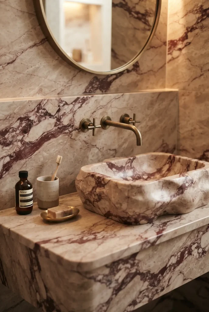 Beige and Red Marble Bathroom