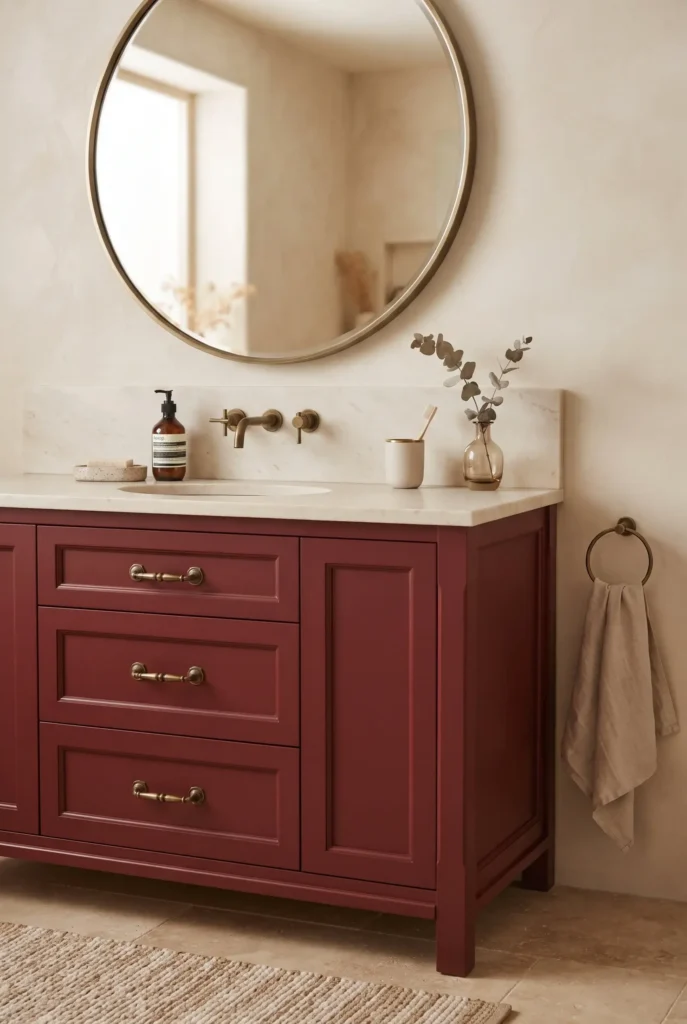 Beige Bathroom With a Red Vanity