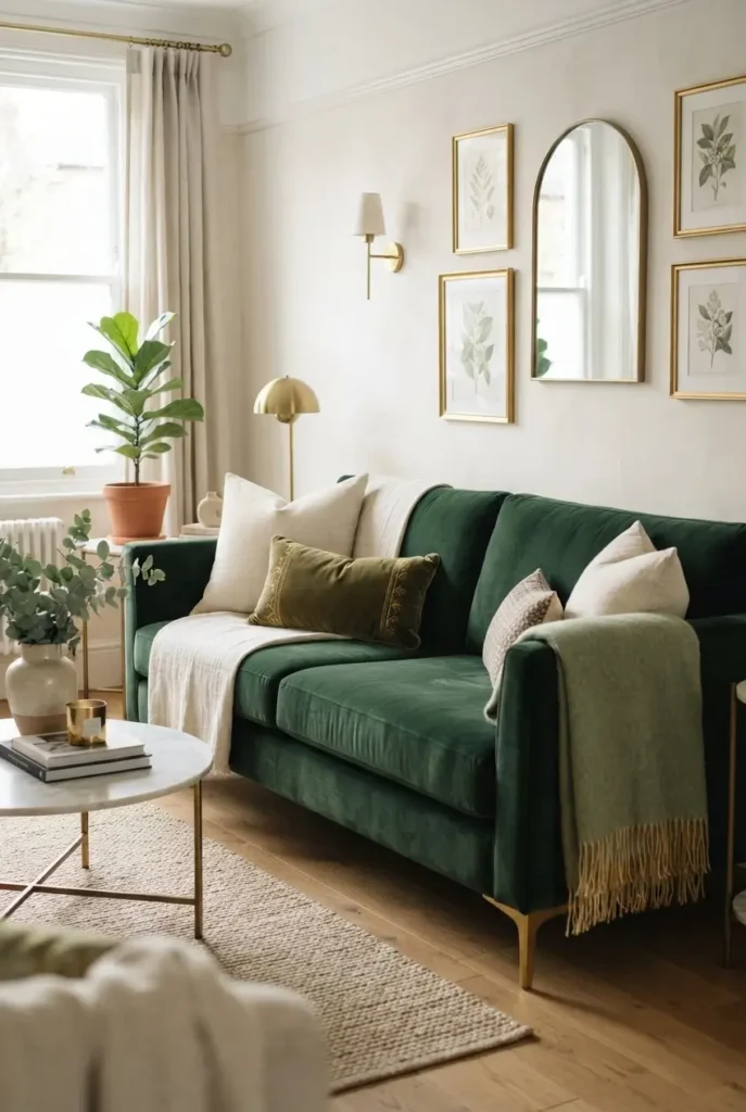 Throws with Gold Fringe on Green Furniture
