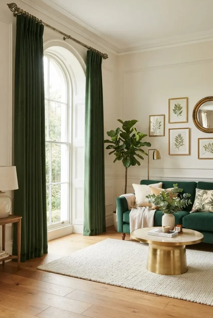 Green Curtains on Gold Hardware