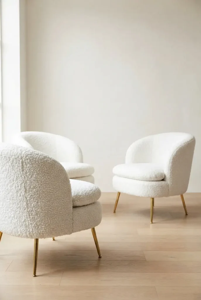 White Bouclé Chairs with Gold Legs