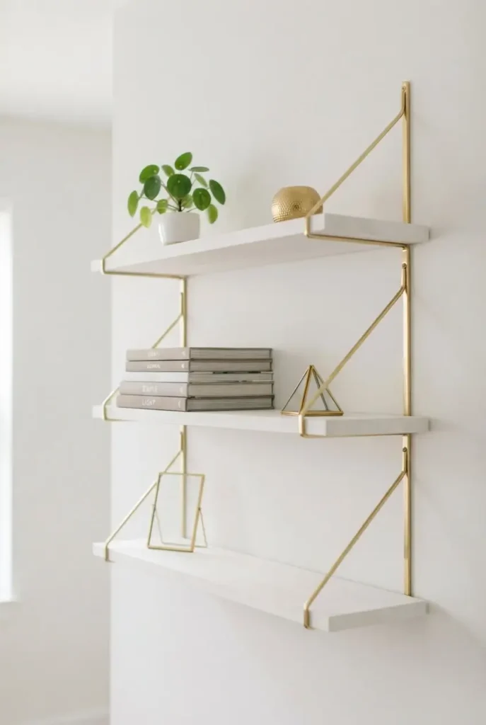 Open Shelves with Gold Brackets