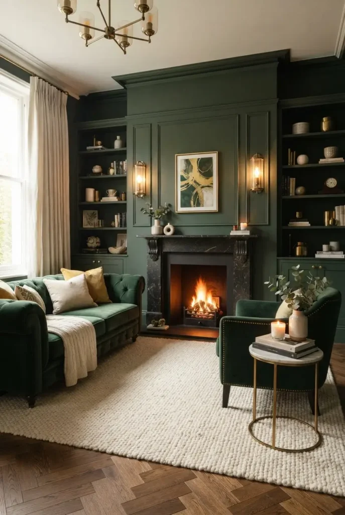 Brass Sconces Beside Deep Green Walls