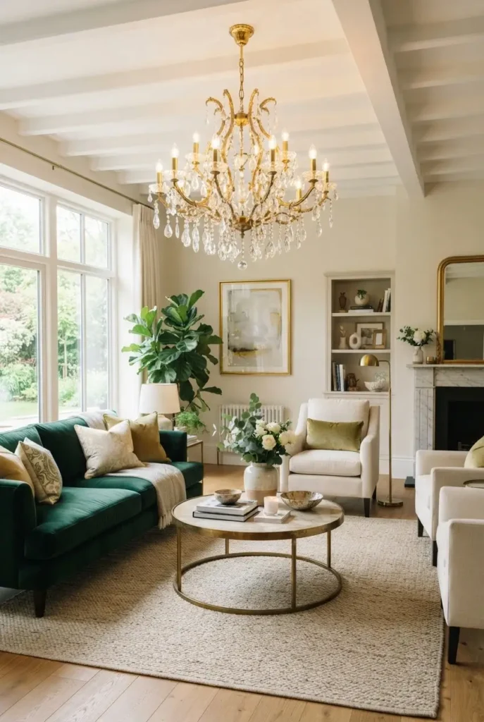  A Gold Chandelier Above Green Seating