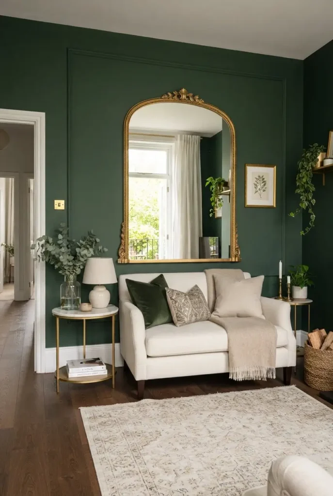 A Gold Mirror on a Green Wall