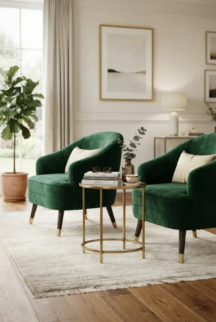 Green Chairs Framing a Gold Side Table