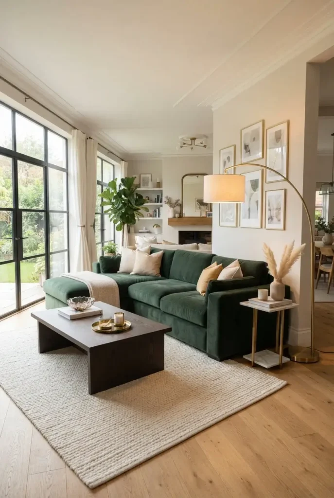 A Green Sectional with Brushed Gold Details