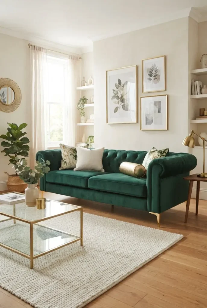 A Green Velvet Sofa with Gold Legs