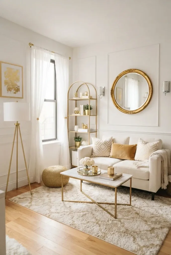 A Small White and Gold Living Room