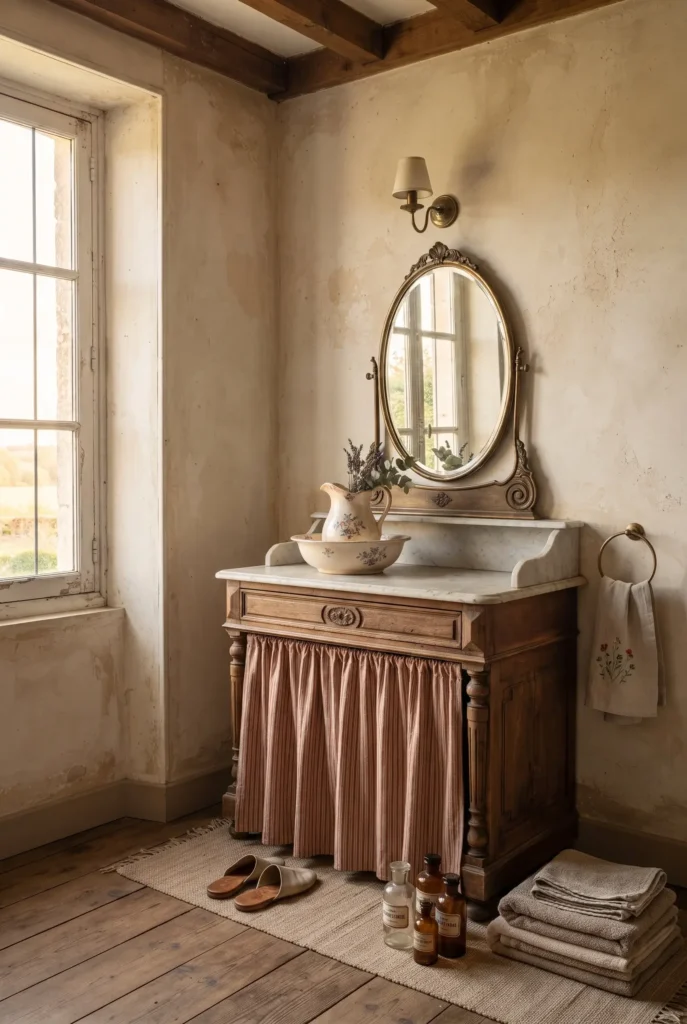 Beige and Red French Country Bathroom