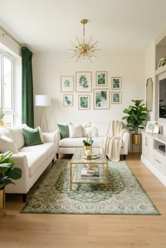 White Furniture with Green and Gold Accents