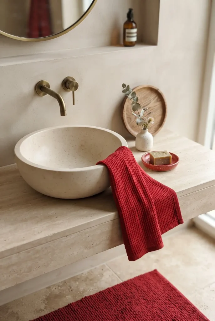 Beige Bathroom With Red Accents