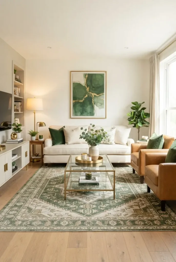 Neutral Furniture with Green and Gold Layered In