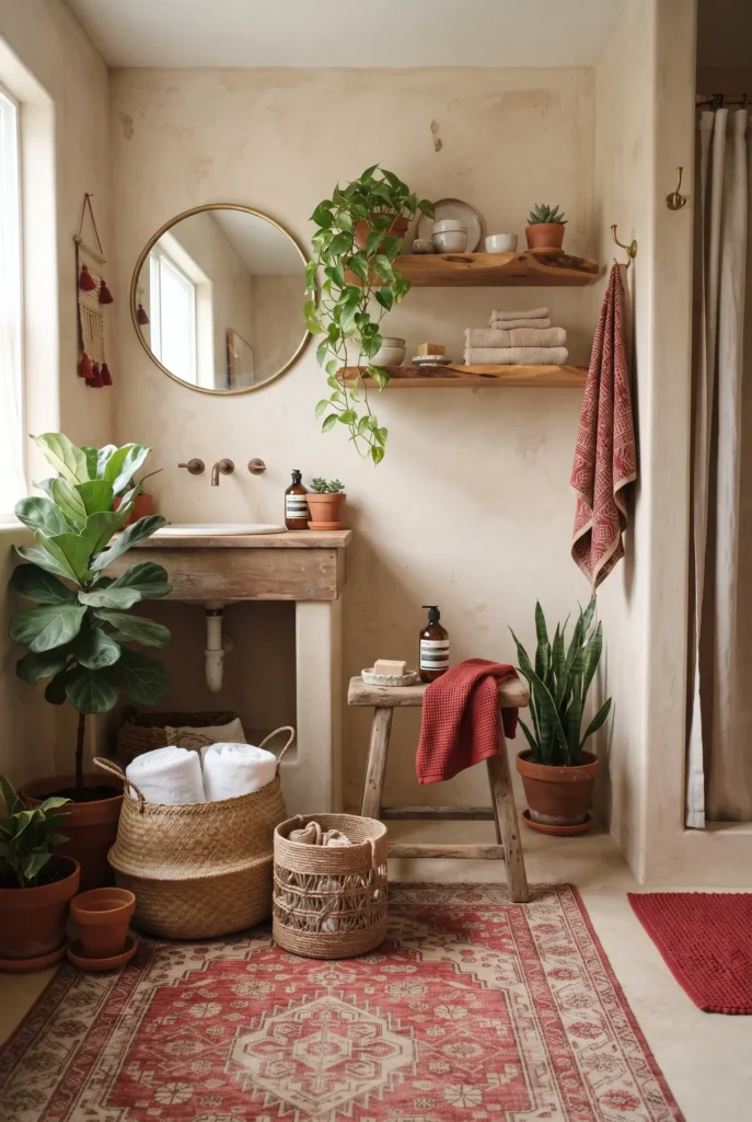 Beige and Red Boho Bathroom