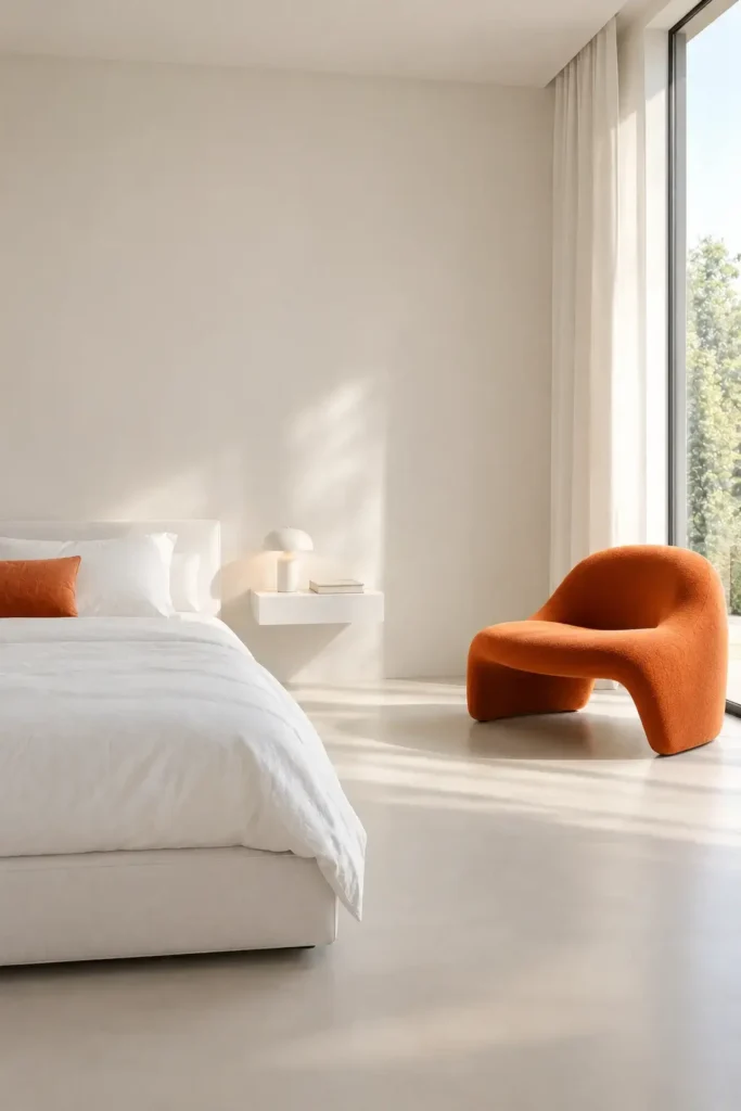 Minimalist White and Orange Bedroom