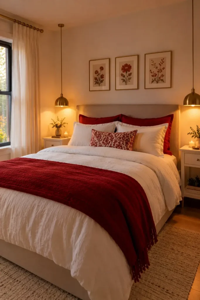 Red and White Bedroom With Gold Lighting