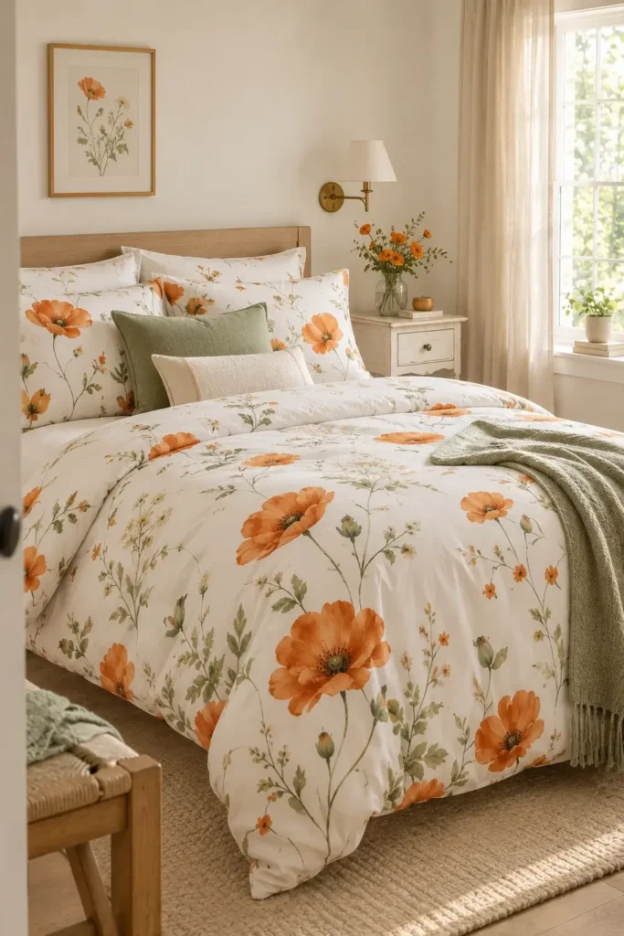 White and Orange Bedroom With Floral Patterns