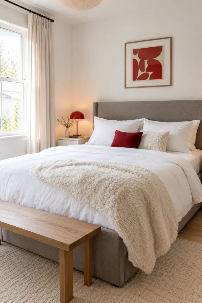 Modern Bedroom With Gray Furniture and Red Details