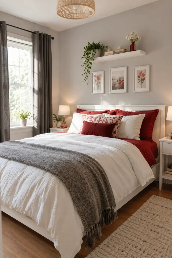 Soft Grey Walls With Red and White Bedding