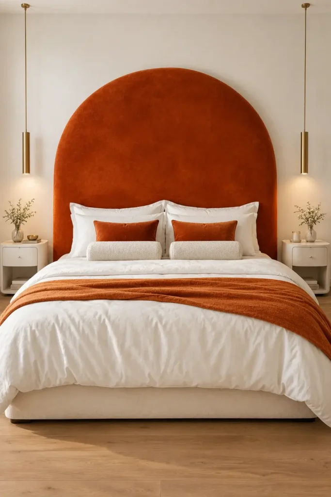 White and Orange Bedroom With a Statement Headboard