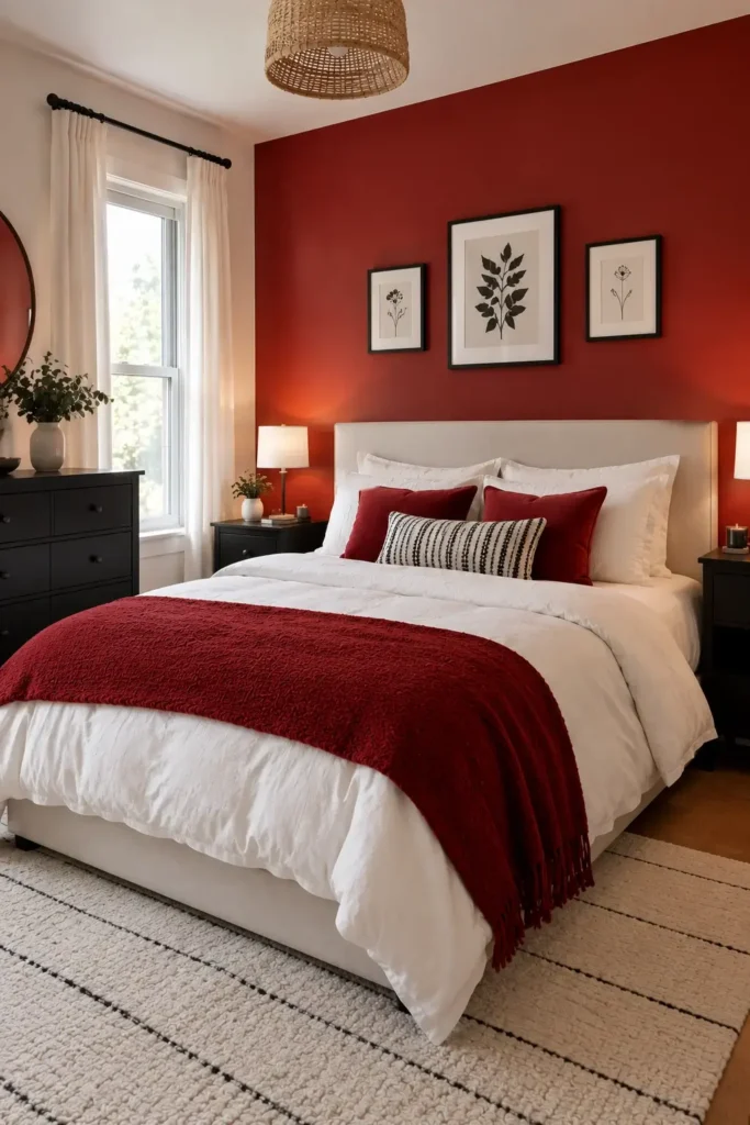 Red Accent Wall With Black and White Decor