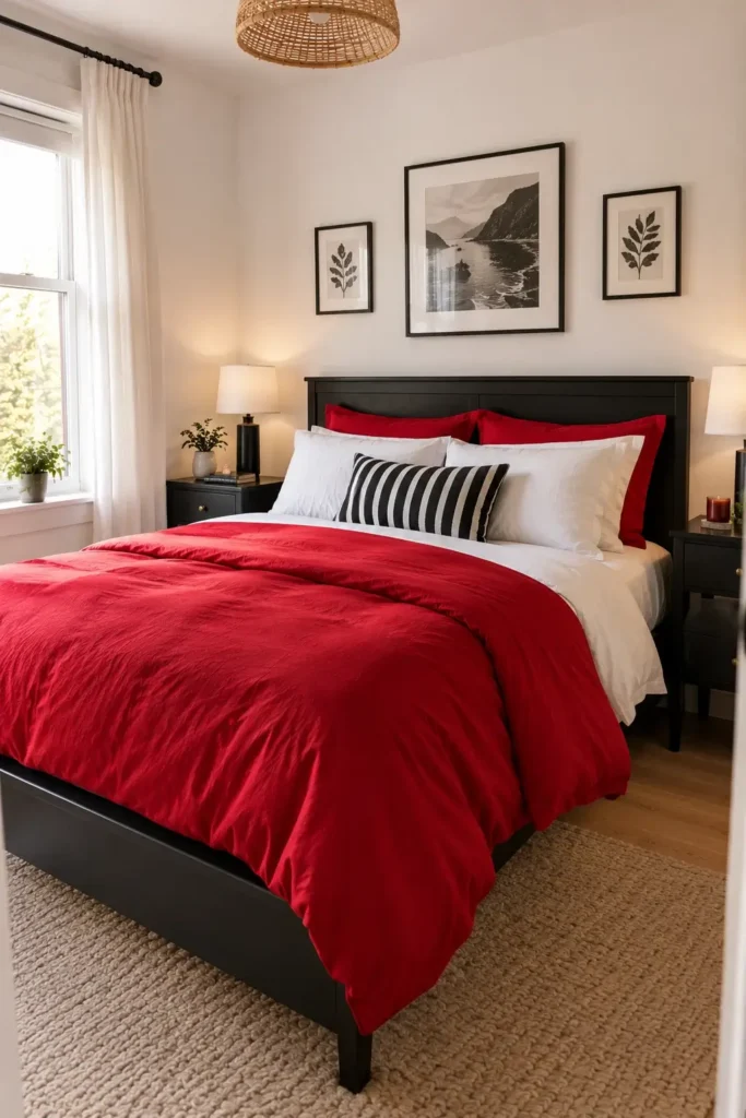 Black Furniture With Red and White Bedding
