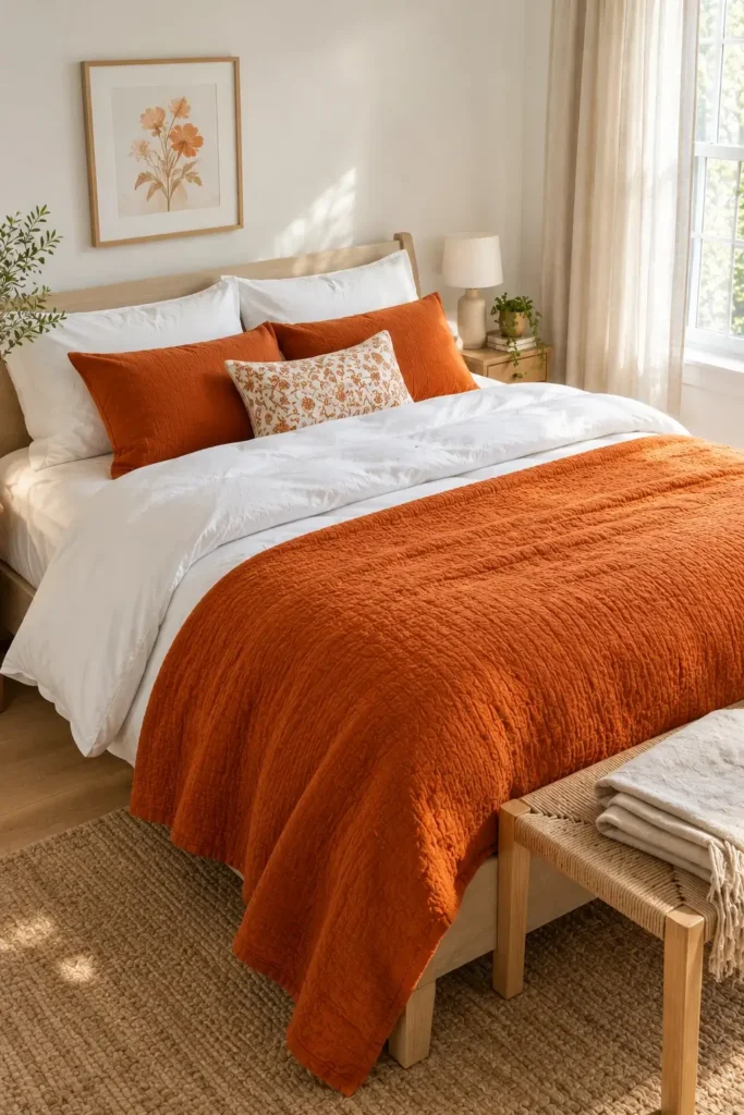 White Bedroom With Orange Bedding