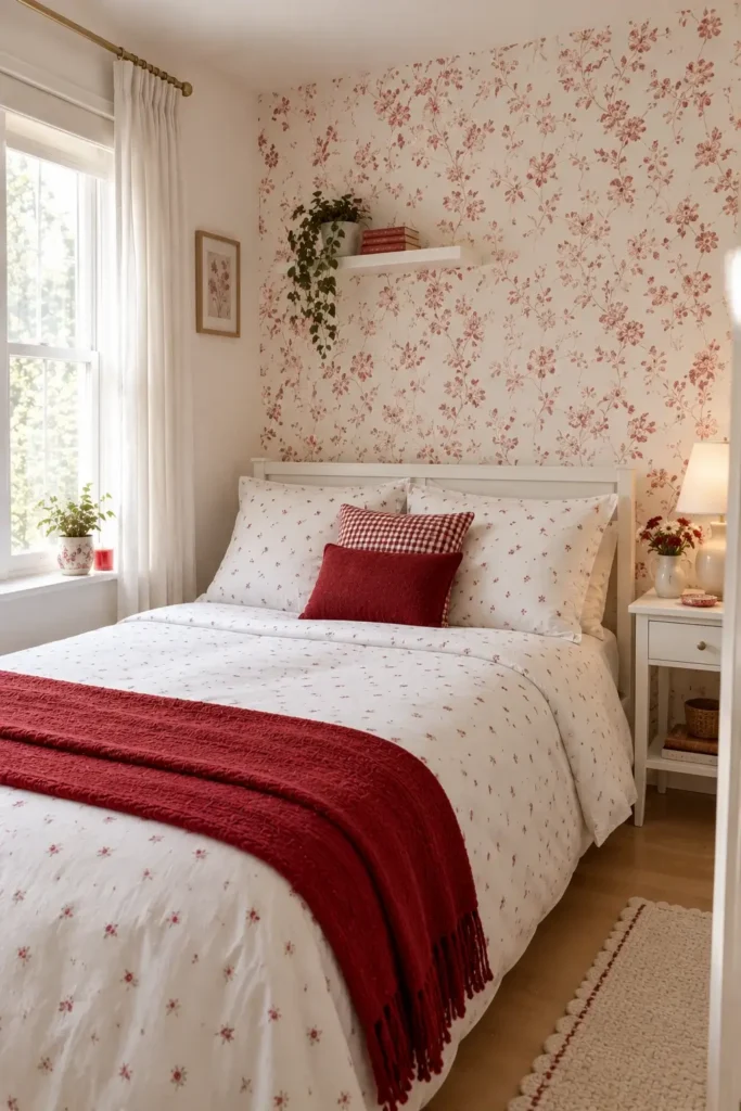 Red and White Wallpaper and Patterned Bedding