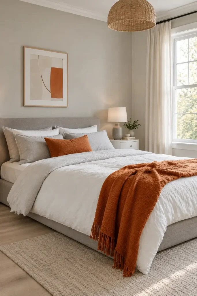 White, Orange, and Gray Bedroom