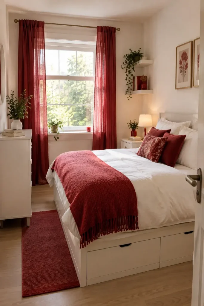 Red Curtains, Rugs, and Decorative Pillows