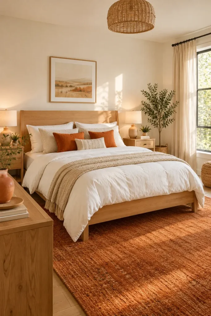 White and Orange Bedroom With Natural Wood