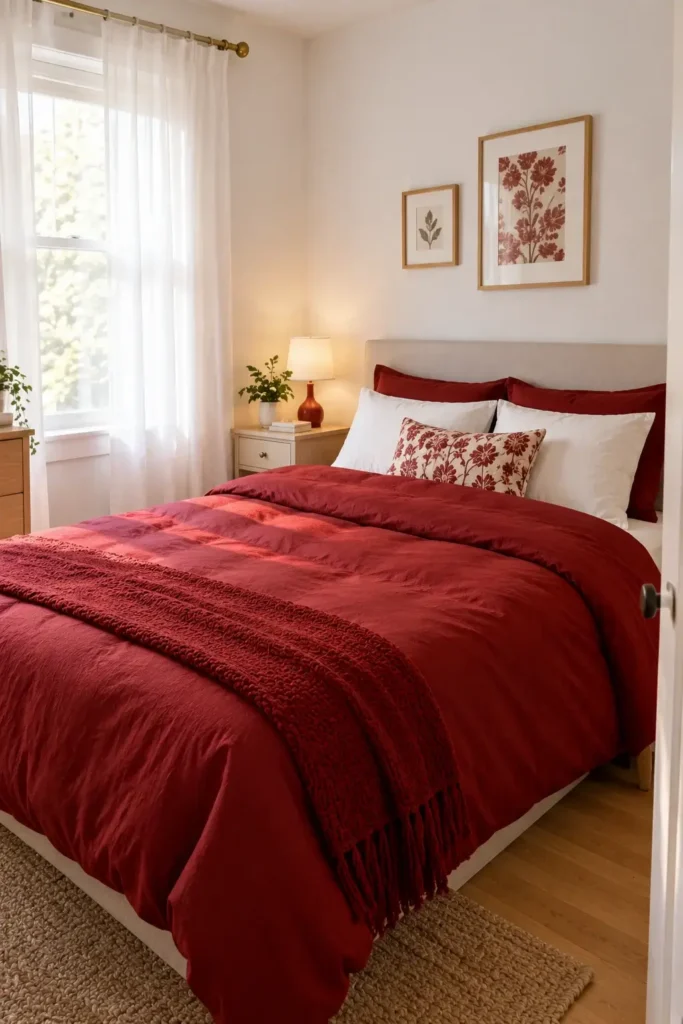 White Walls With Red Bedding and Cushions