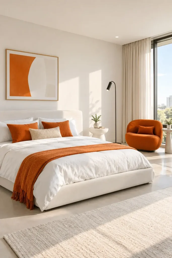 Modern White and Orange Bedroom Design