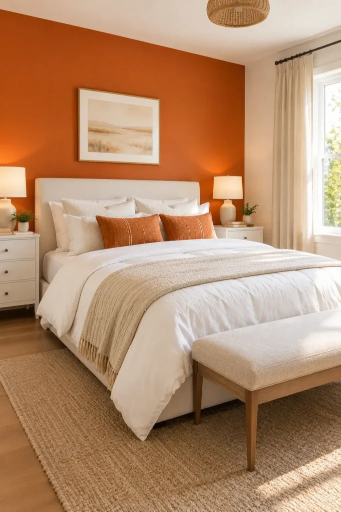 White and Orange Bedroom With an Accent Wall