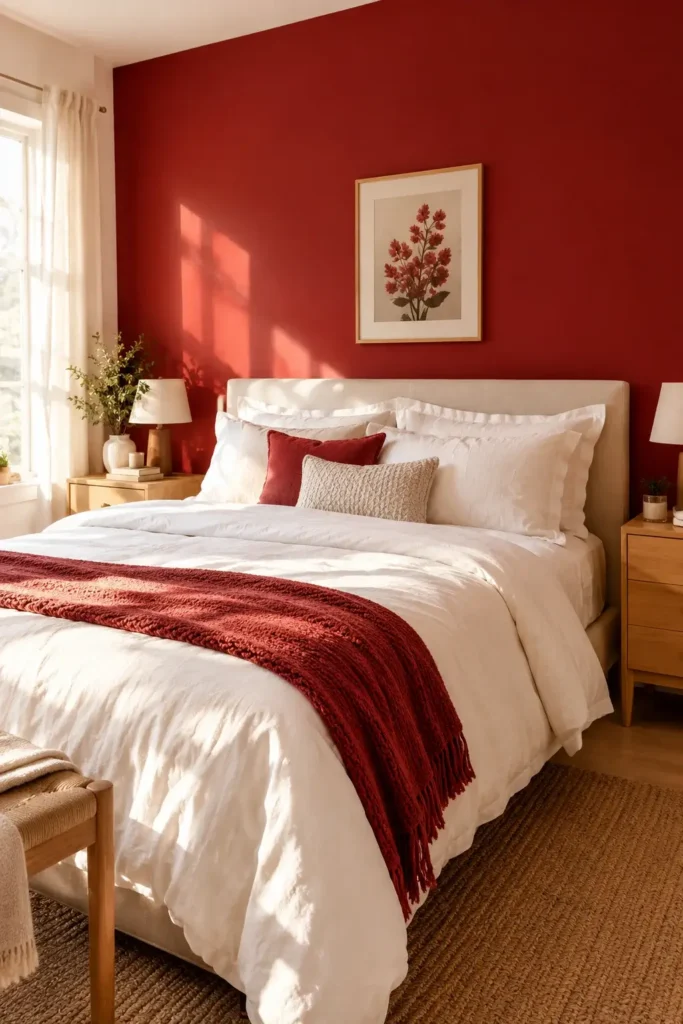 Red Accent Wall With Crisp White Bedding