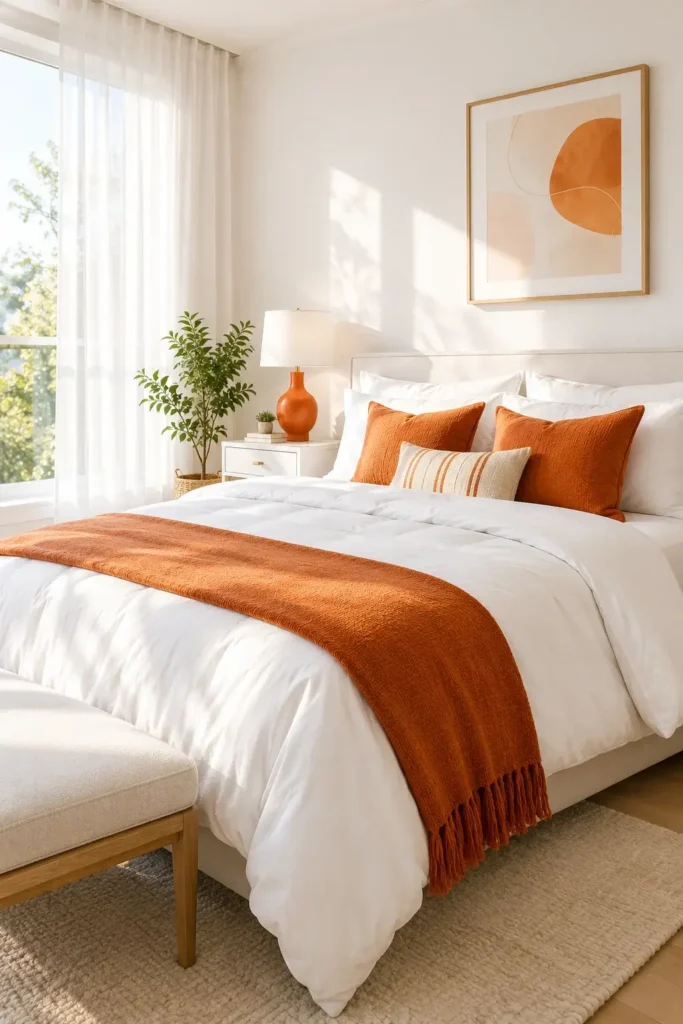 White Bedroom With Orange Accents