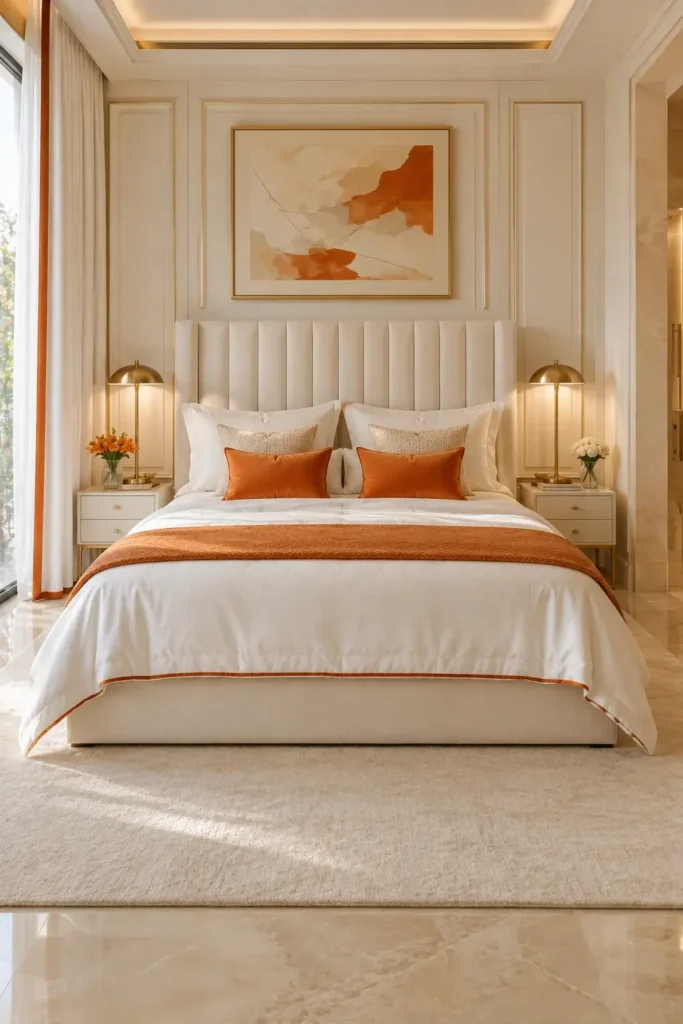 Luxury White and Orange Bedroom