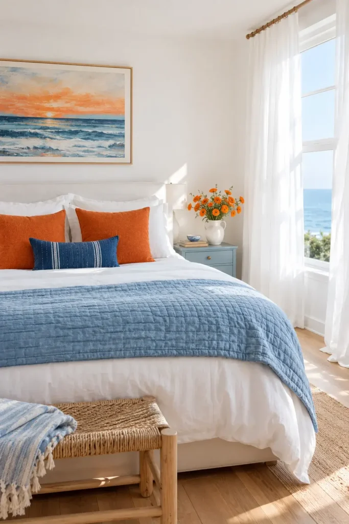 White and Orange Bedroom With Blue Accents