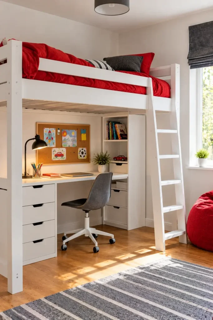 Modern Boys' Bedroom With Red Bedding and White Furniture