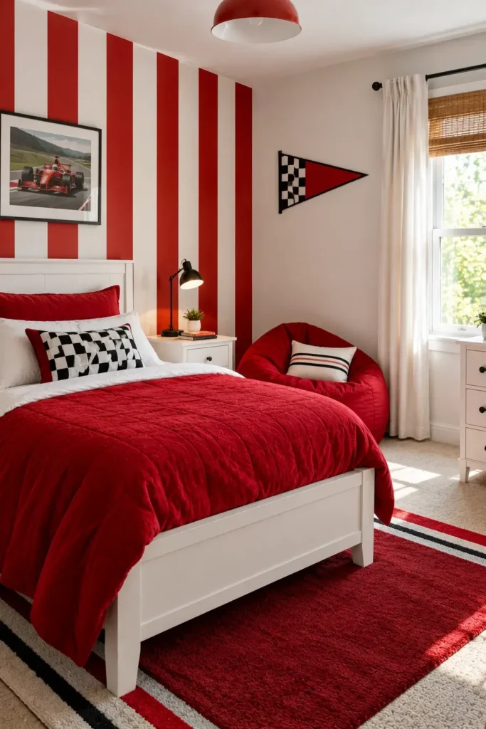 Sporty Red and White Bedroom With Themed Decor