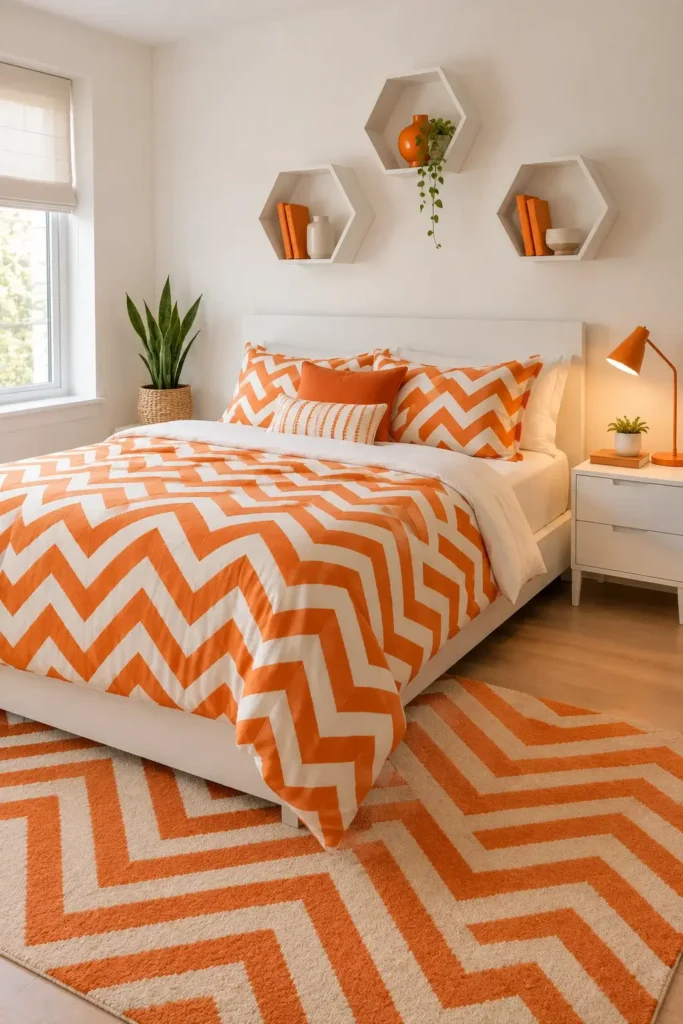 White and Orange Bedroom With Geometric Patterns