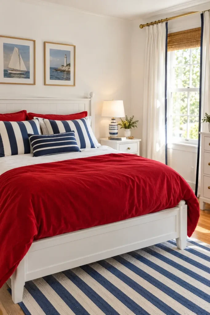 Red and Blue Bedding With White Furniture
