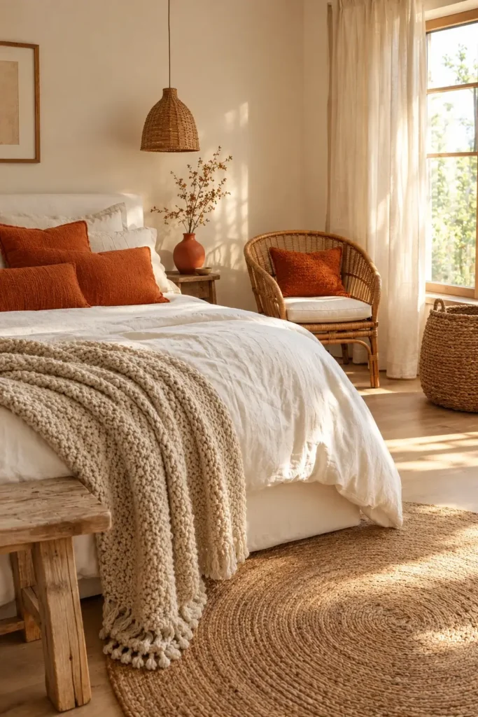 White and Orange Bedroom With Natural Textures